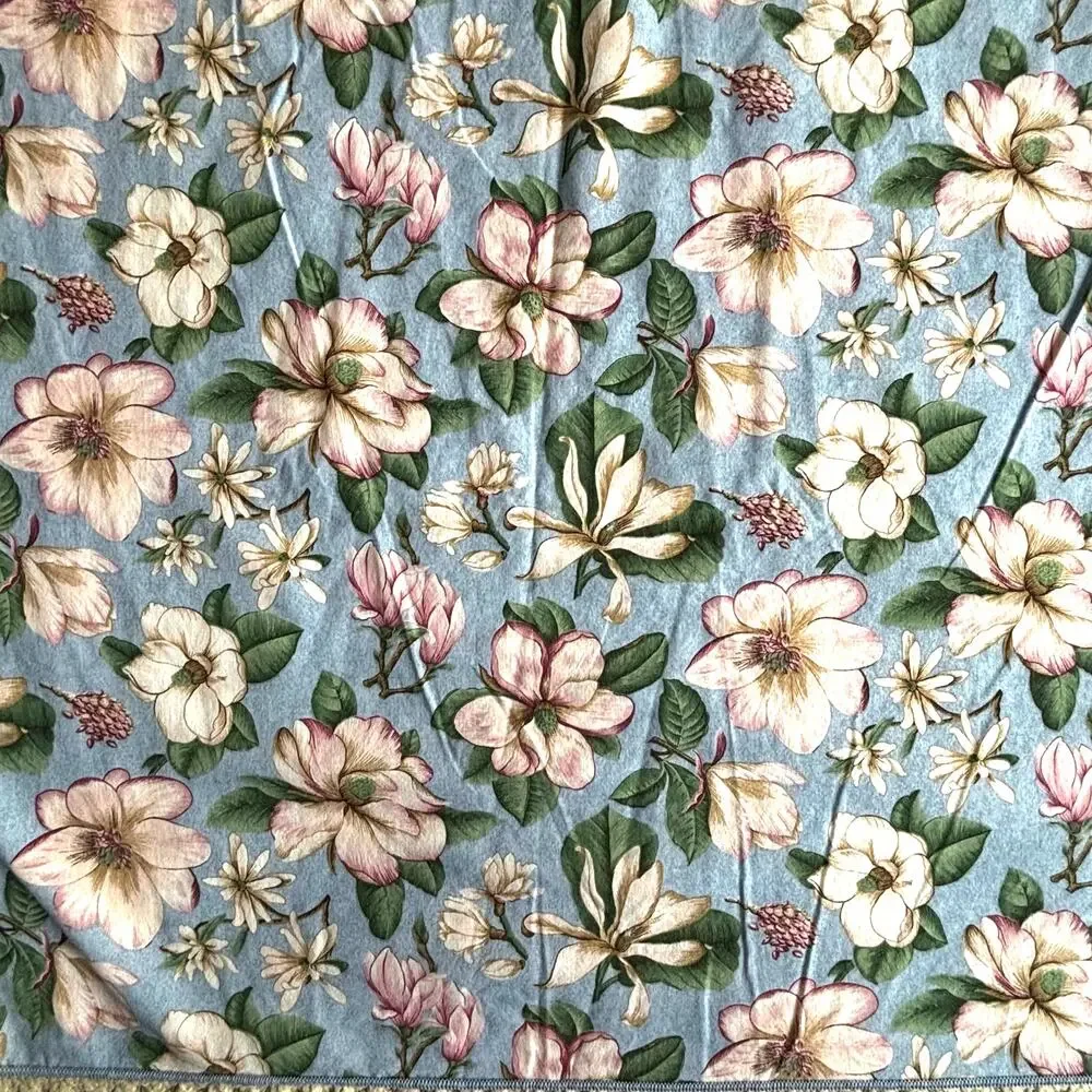 Blue & pink magnolia flowers tablecloth with greenery farmhouse cottage cabin